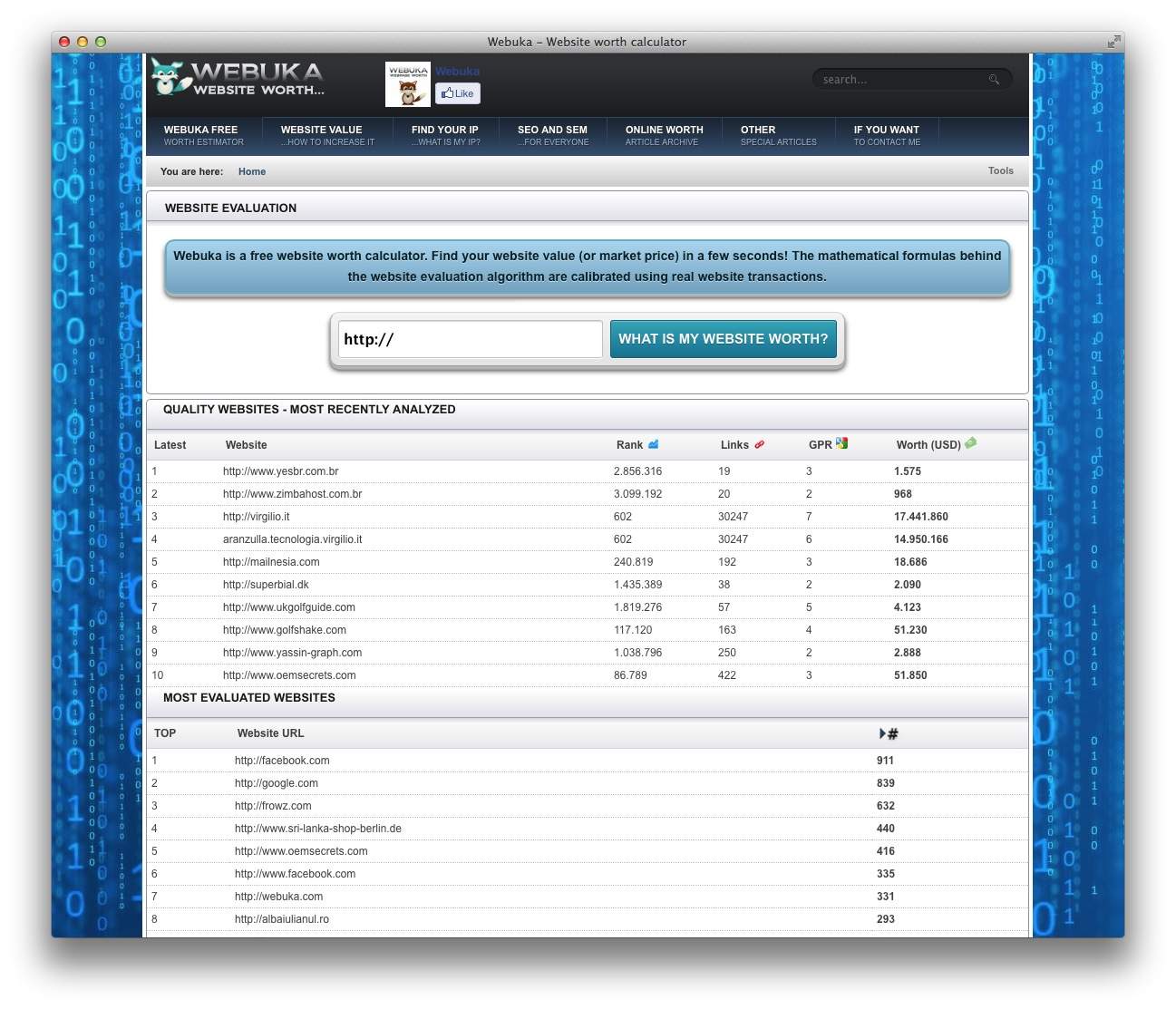 Webuka là một công cụ trực tuyến giúp đánh giá giá trị của một trang web thông qua việc tự động hóa quá trình định giá.